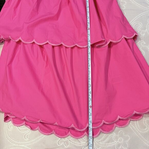 English Factory Scallop Tiered Pink Dress Size Medium Puff Sleeve Open Back Midi - Picture 11 of 12